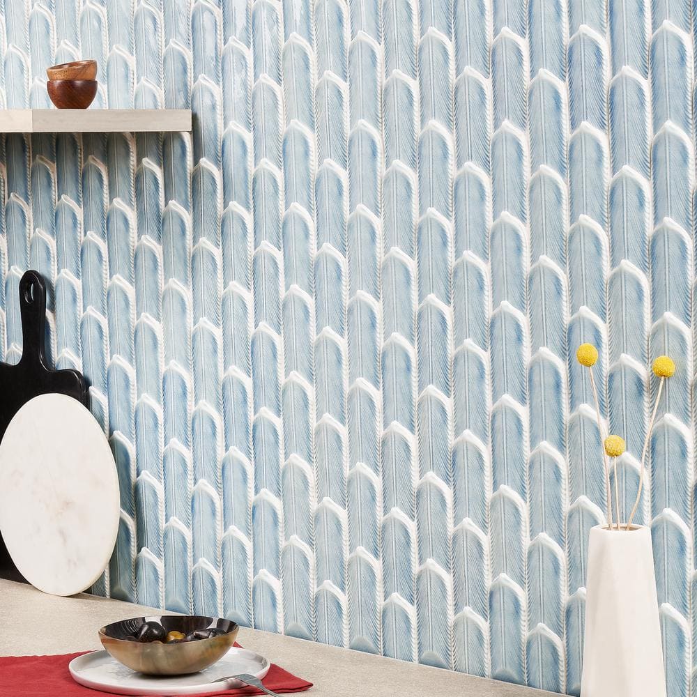 Sky Blue Feather Pattern Ceramic Mosaic Tile
