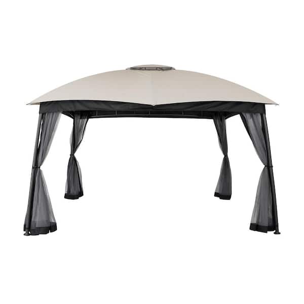 Unbranded 9 ft. x 11 ft. Gray Soft Top Steel Outdoor Patio Gazebo With Netting and Shelves