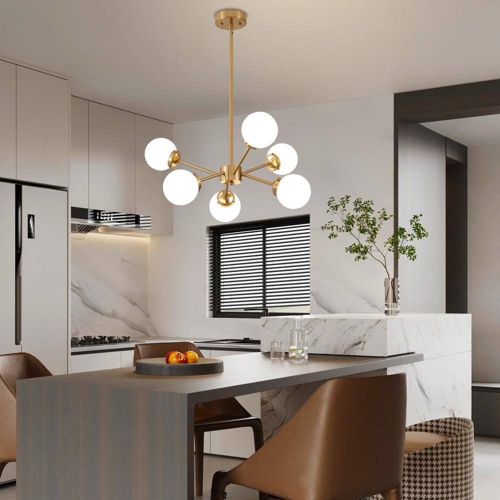 Adjustable Brass Sputnik Chandelier with Milk Glass Shades