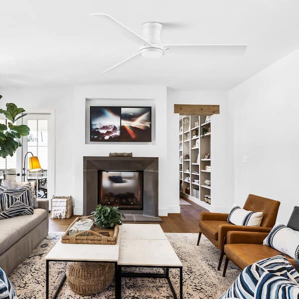 52 in.Smart Wood Outdoor Indoor White Flush Mount Ceiling Fans with Lights Remote,WIFI Alexa App workable,Quiet DC Motor