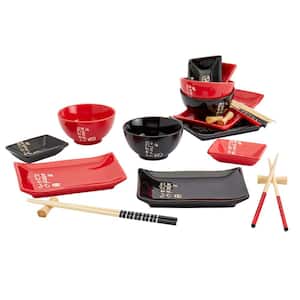 Sushi 20-Piece Black/Red Ceramic Sushi Set (Service for 4)