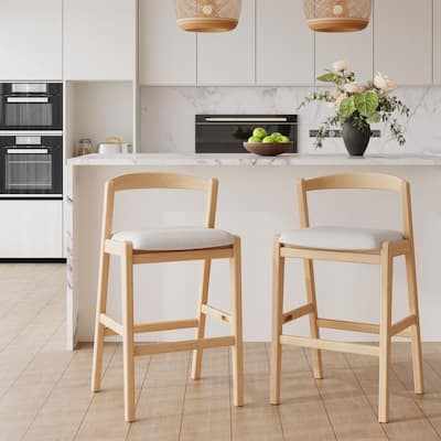 Balmain Modern 39 in. Natural Solid Wood Bar Stools with Beige Cushion, Curved Backrest, Footrest, (Set of 2)