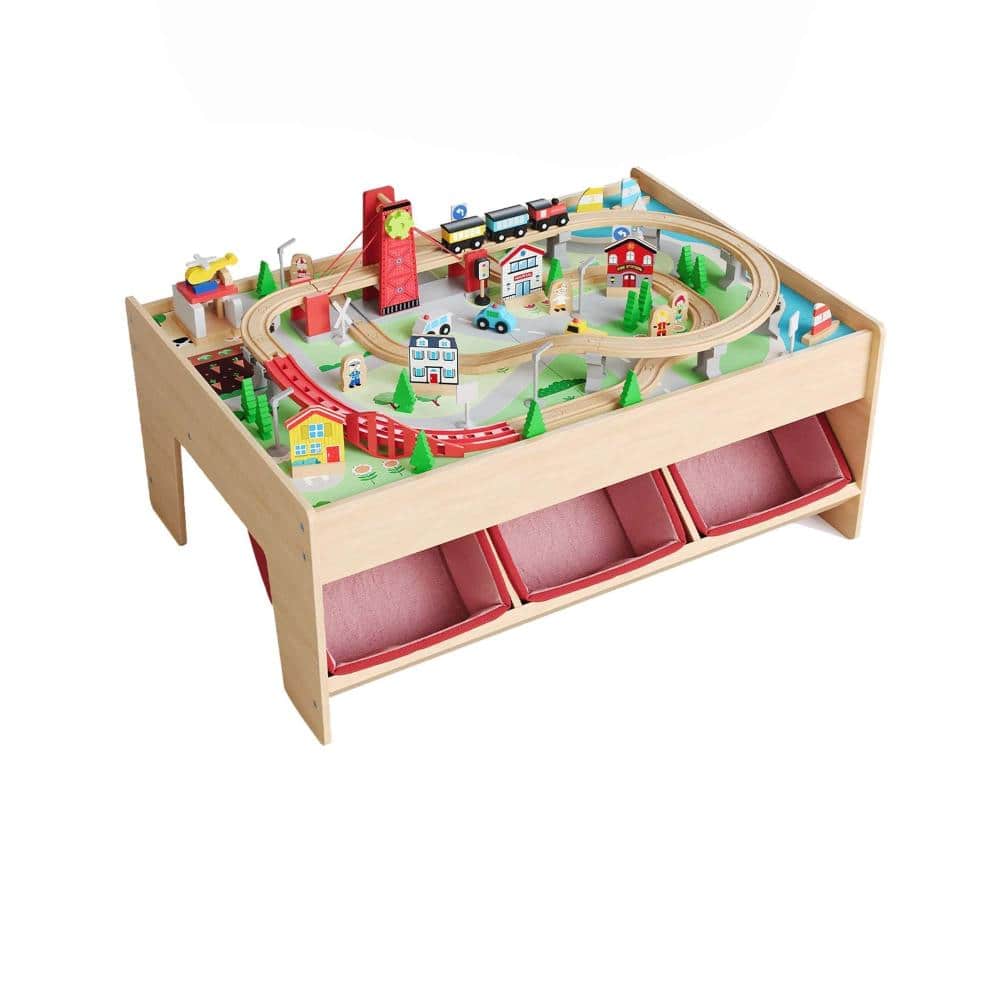36.2 in. Kids Wooden Train Table with 90-Piece City Train Set, Reversible Top and 3 Storage Bins, Natural