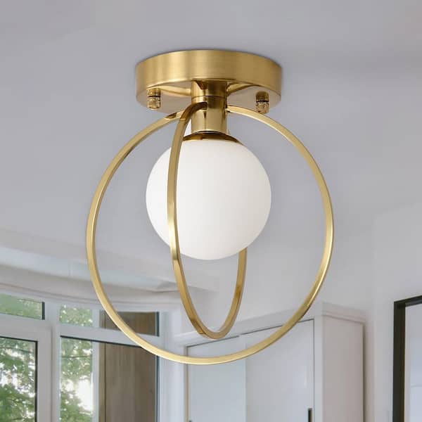 Modern 9.1 in. 1-Light Gold Semi-Flush Mount Ceiling Light with Globe Glass Shade