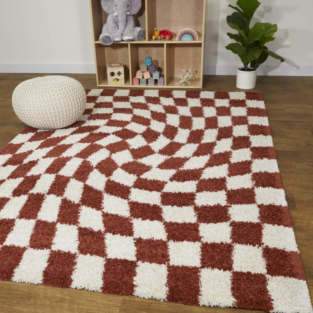 Rust and White Geometric Shag Area Rug for Kids 5'3" x 7'