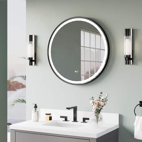 BONIE 28 in. W x 28 in. H Round Framed Anti-Fog LED Wall Bathroom Vanity Mirror in Matte Black