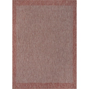 Medusa Odin Coral 3 ft. 11 in. x 5 ft. 3 in. Solid and Striped Border Indoor Outdoor Distressed Flat Weave Area Rug