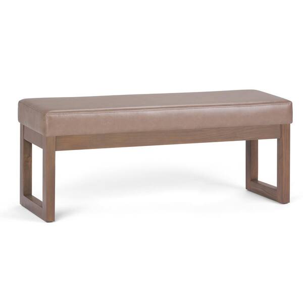 Simpli Home Milltown 44 in. Contemporary Ottoman Bench in Ash Blonde Faux Leather