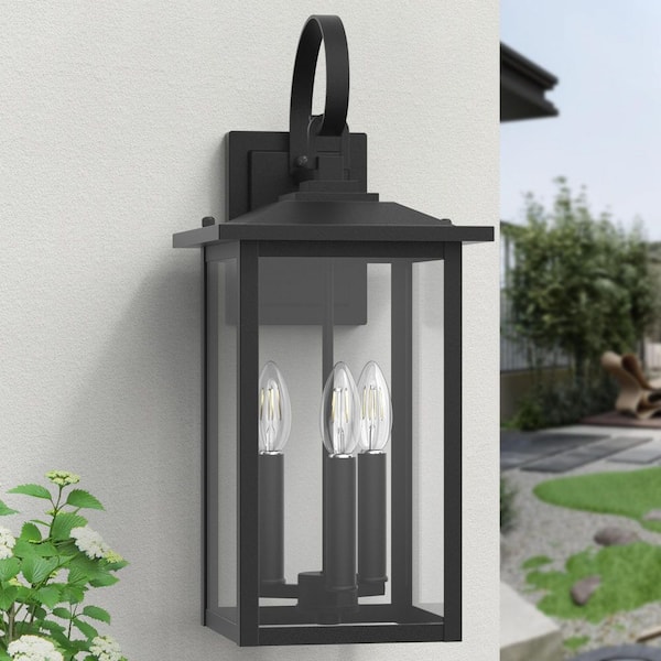 Hawaii 19.88 in. H 3-Bulb Black Hardwired Outdoor Wall Lantern Sconce with Dusk to Dawn