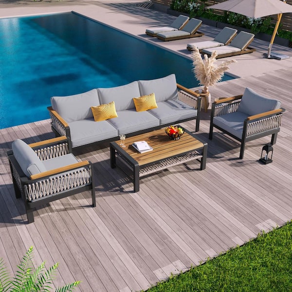 Sudzendf 4-Piece Metal and Wood Patio Conversation Set with Grey Cushions and A Coffee Table for Patios, Gardens, or Balcony