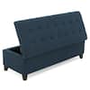 Dark blue storage ottoman bench with the lid partially open.
