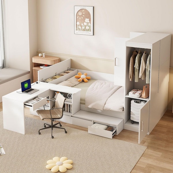 Axel Semi-Enclosed White Wood Frame Full Size Platform Bed with Desk, Wardrobe, Storage Shelves and Drawers, USB Port