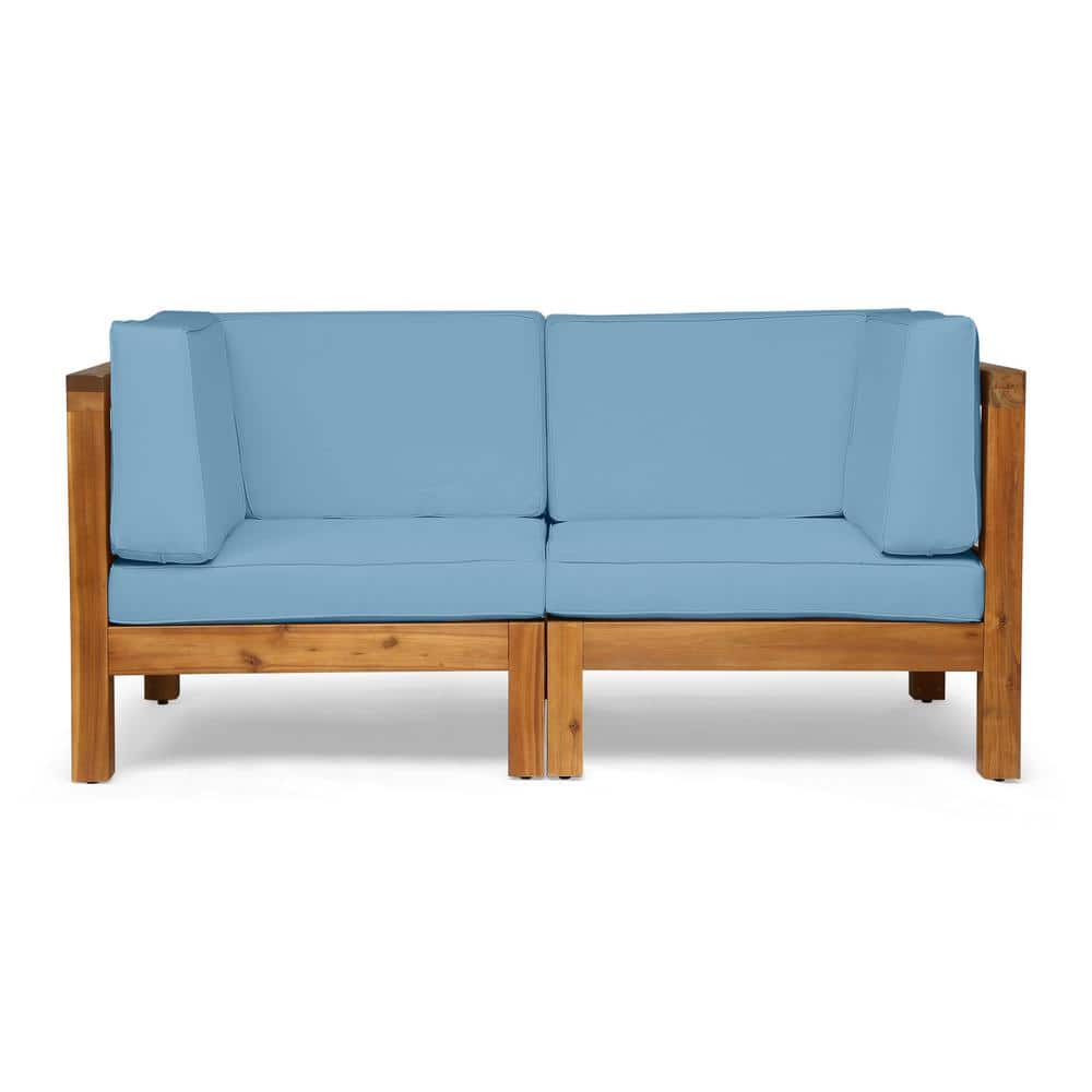 Teak and Blue Acacia Wood Outdoor Sectional Loveseat with Cushions