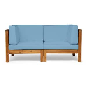 Brava Teak Brown 2-Piece Wood Outdoor Patio Loveseat with Blue Cushions