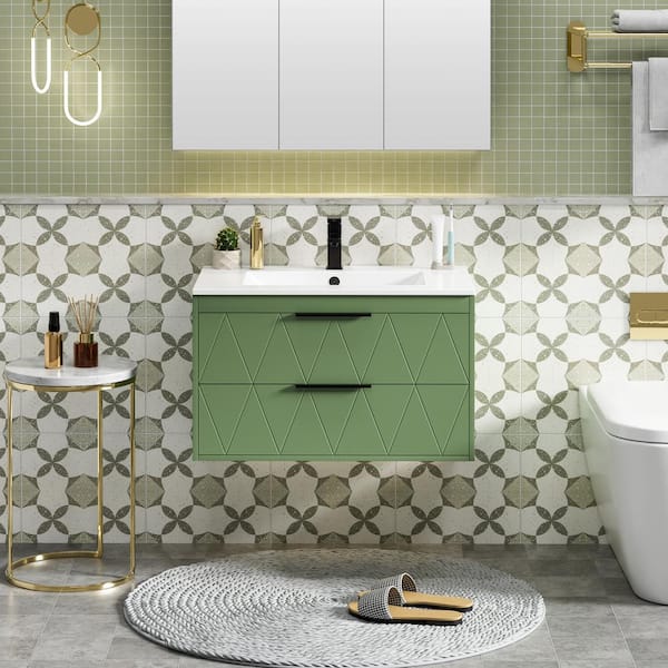 eclife 30 in. W x 18.1 in. D x 18.1 in. H Single Sink Bath Vanity in Green with White Ceramic Top and Drain Faucet Set