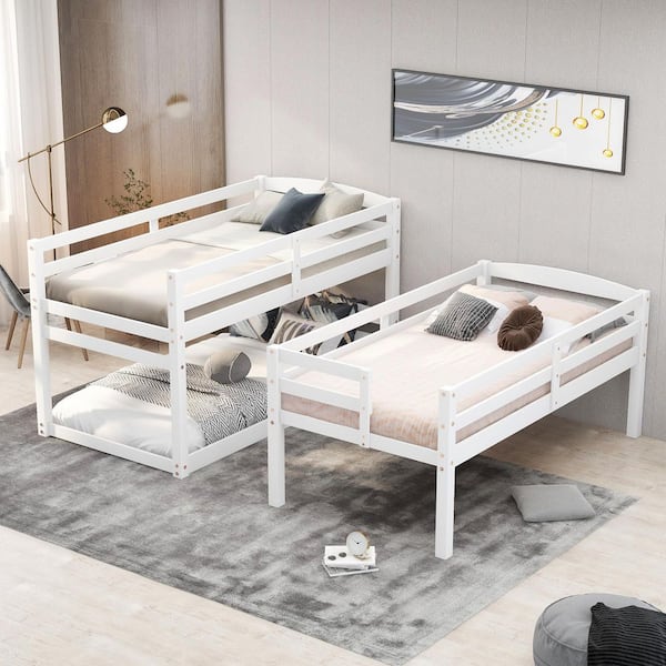 White Twin Over Twin over Twin Triple Bunk Bed with Storage Staircase, Separate Design