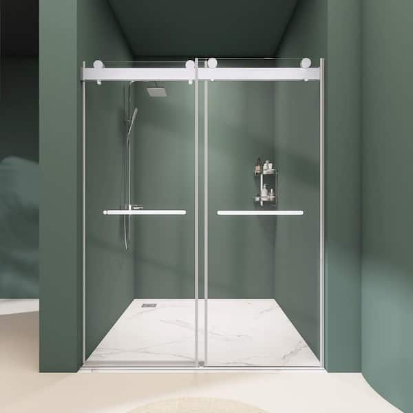 Zeafive 72 in. W x 76 in. H Soft Close Double Sliding Frameless Walkin Shower Doors in Brushed Nickel 3/8 in. Tempered Glass