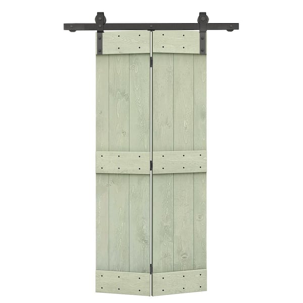 CALHOME 32 in. x 84 in. Mid-Bar Series Sage Green-Stained DIY Wood Bi-Fold Barn Door with Sliding Hardware Kit