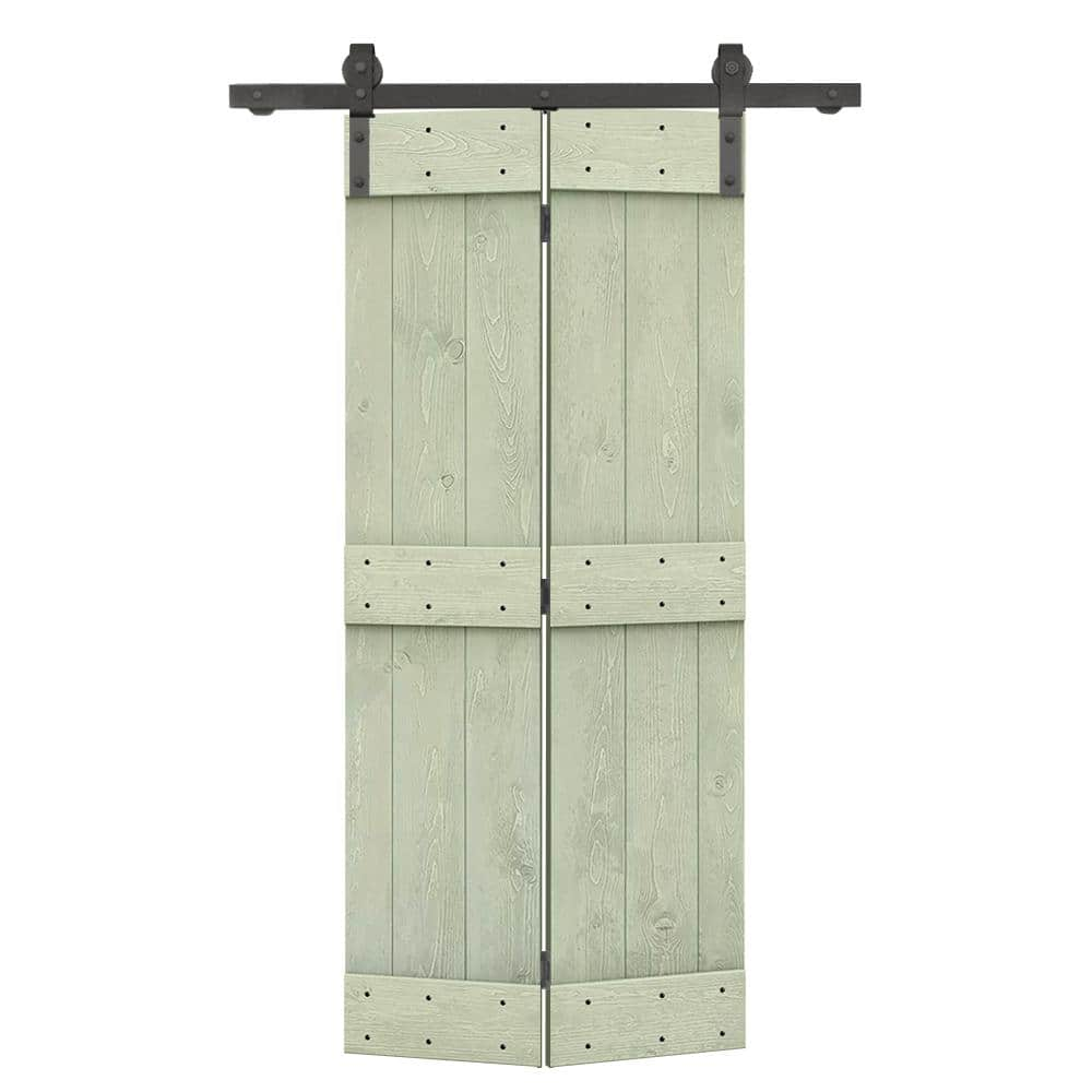 CALHOME 34 in. x 84 in. Mid-Bar Series Sage Green-Stained DIY Wood Bi-Fold Barn Door with Sliding Hardware Kit