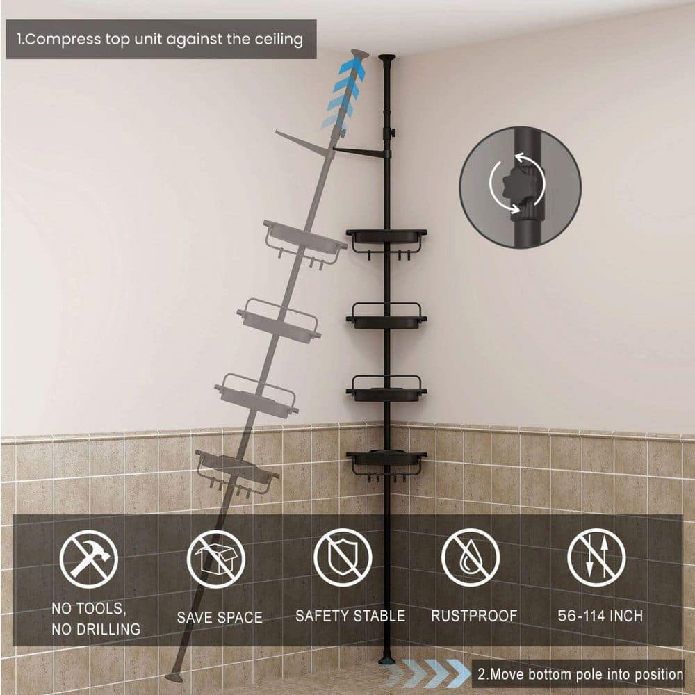 Black Adjustable Rustproof Metal Shower Corner Caddy with 4 Shelves