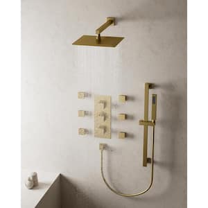 Thermostatic Triple Handle 5-Spray Patterns 12 in. Shower Faucet with 6-Jets in Brushed Gold (Valve Included)