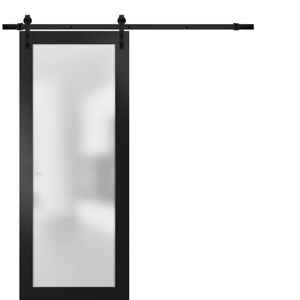Sartodoors Planum 32 in. x 96 in. Full Lite Frosted Glass Black Finished Solid Pine Wood Sliding Barn Door with Hardware Kit