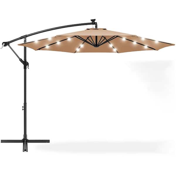 SKONYON 10 ft. Steel Cantilever Solar LED Offset Outdoor Patio Umbrella in Beige
