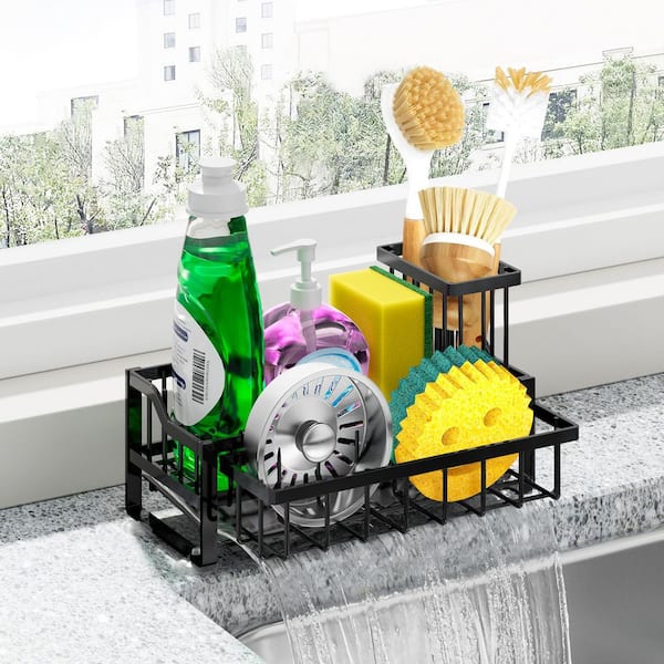 2 Piece Stainless Steel Sink Accessory Set with High Brush Holder Non-Slip Rust-Proof Self-Drain Organizer