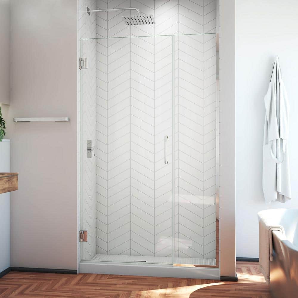 Clear 44" Frameless Hinged Shower Door with Black Hardware