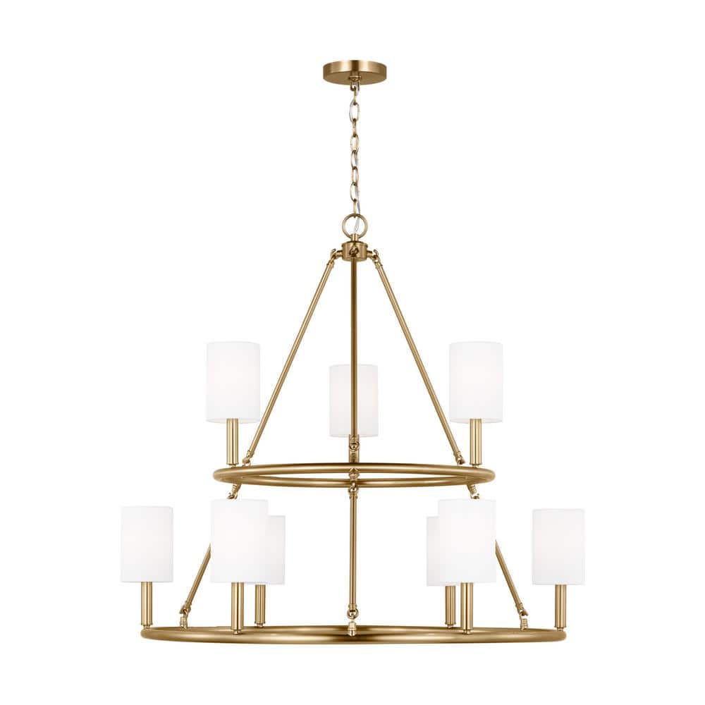 Egmont Satin Brass 9-Light Chandelier with White Linen Shades