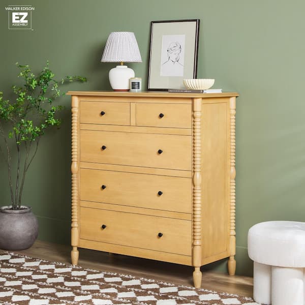 Walker Edison Furniture Company Modern Farmhouse Easy Assembly Natural 5-Drawer 41.5 in. Solid Wood Spindle-Detailing Dresser