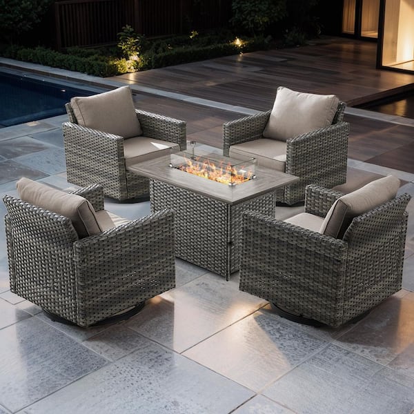 Bellefurn UvaNest 5-Piece Gray Wicker Patio Fire Pit Conversation Set with Gray Cushions and Outdoor Swivel Rocking Chair