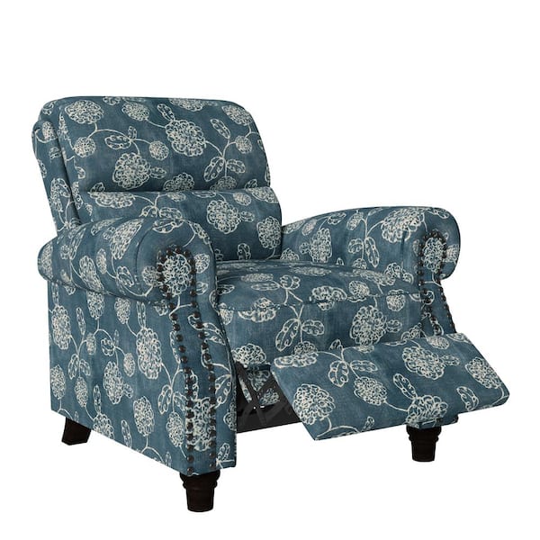 ProLounger Caribbean Blue and Creamy White Floral Pushback Recliner with Bronze Nailhead Trim