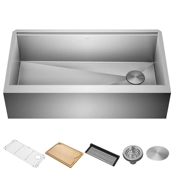 KRAUS Kore 36 in. Farmhouse/Apron-Front Single Bowl 16 Gauge Stainless Steel Kitchen Workstation Sink with Accessories