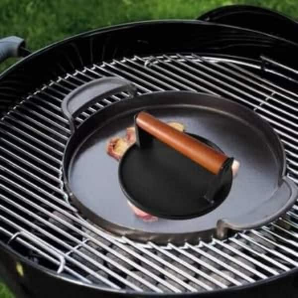 Heavy-Duty Non-Stick Black Round Cast Iron Smash Burger Press with Stay-Cool Wood Handle for Griddle Grills