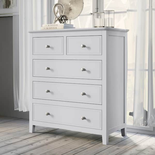 Polibi 32.60 in. Modern Wood Frame Dresser, Chest with 5 Drawers in White