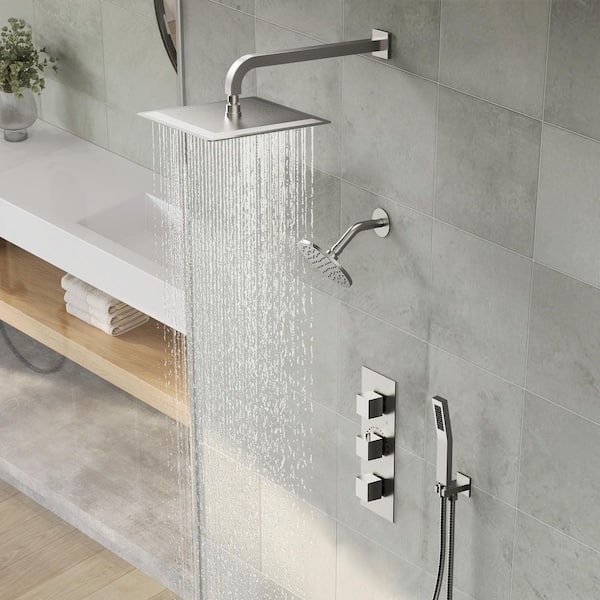 5-Spray Square 12 in. Rain Wall Mount Shower System with 6 in. Shower Head Handheld Shower in Brushed Nickel 2.5 GPM