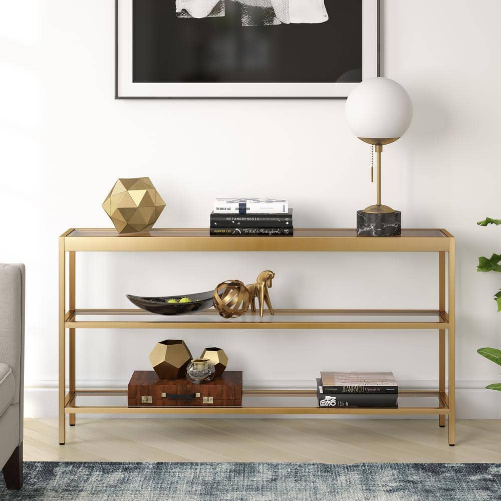 55-Inch Brass Metal and Glass Console Table with Storage