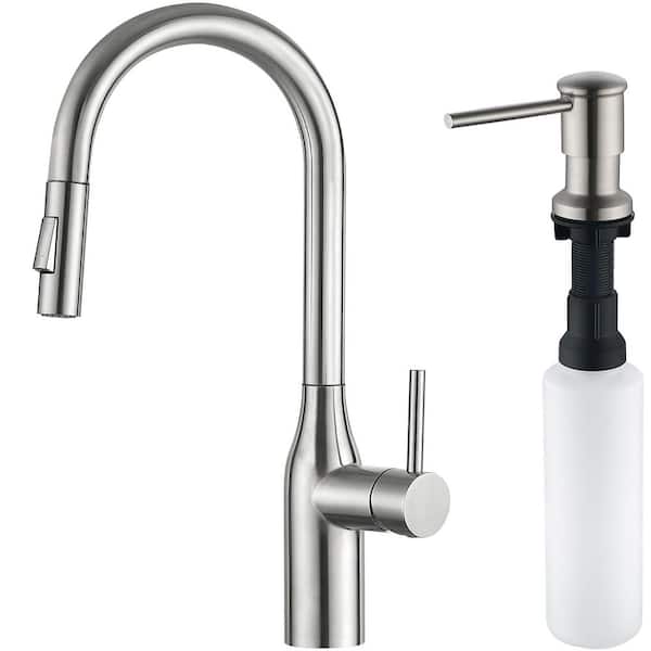 ruiling 18 in. Single Handle Pull Down Sprayer Kitchen Faucet with Soap Dispenser with 360° Spout Swivel in Brushed Nickel