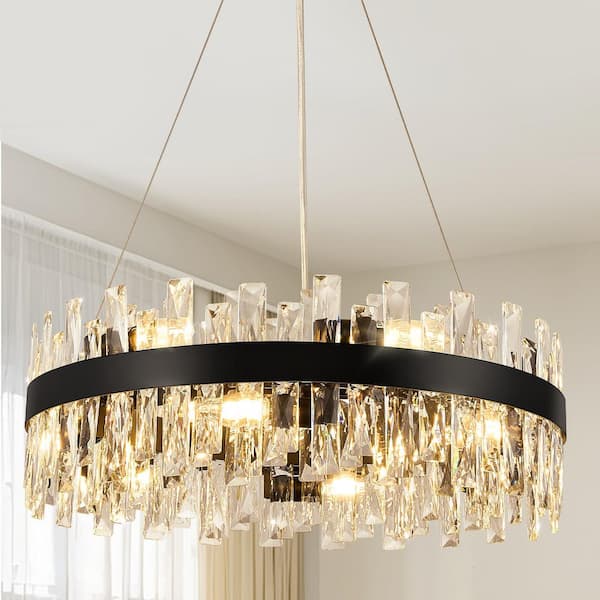 12-Lights Black Round Crystal Chandelier, 23 in. Modern Crystal Chandelier Pendant Light Fixture for Kitchen Island