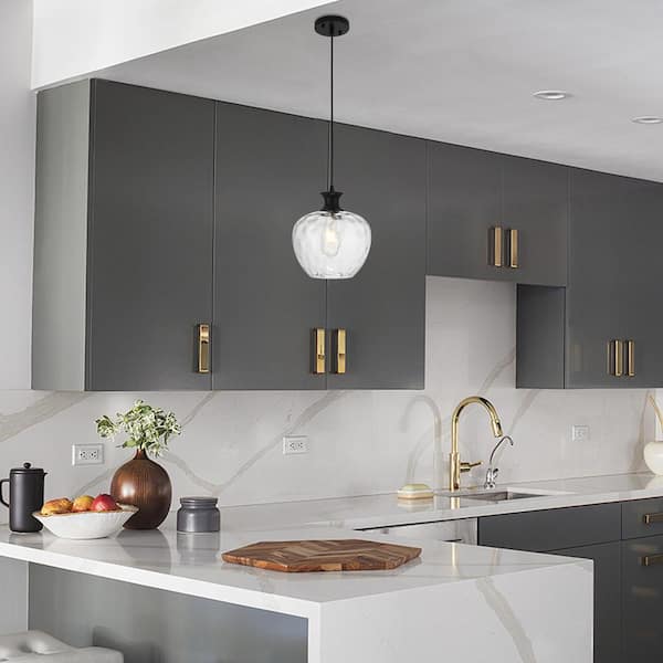 1-Light Black Adjustable Hanging Pendant Light with Water Ripple Class Shaded for Living Room