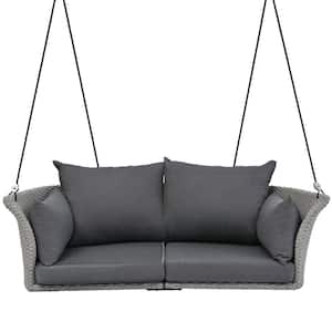 Gray Wicker Porch Swing Chair With Ropes and Gray Cushion