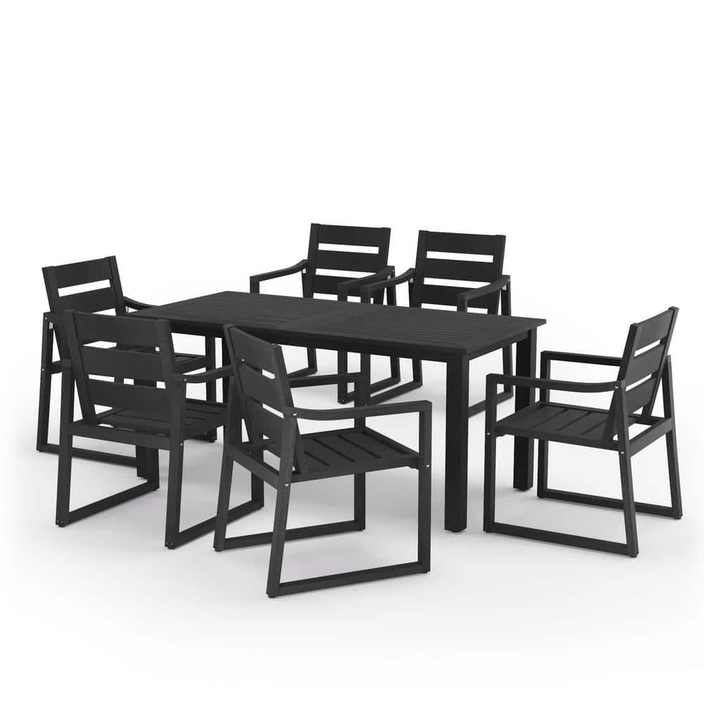 Black Recycled Plastic 7-Piece Outdoor Dining Set with Armchairs