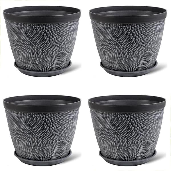 Small Gray Plastic Indoor/Outdoor Planter with Saucer (12 in. W x 9.4 in. H) 4-Pack