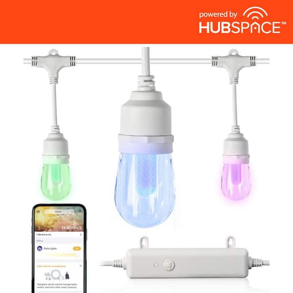 Hampton Bay 24-Light 48 ft. Outdoor Plug-in Integrated LED White Edison Bulb RGBW Color Changing String Light Powered by Hubspace