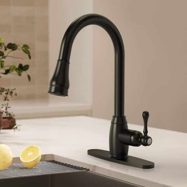 16. 6 in. Single Handle Pull Down Sprayer Hot and Cold Kitchen Faucet 360° Spout Swivel with Deckplate in Matte Black
