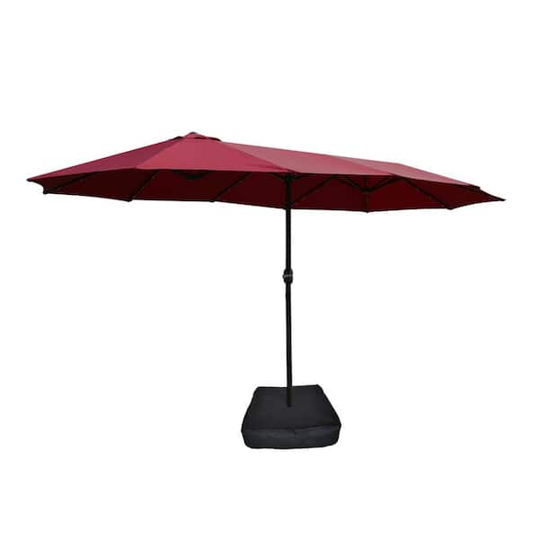 Tenleaf 15 ft. x 9 ft. Metal Market Large Double-Sided Rectangular Patio Umbrella in Red with Light and Base