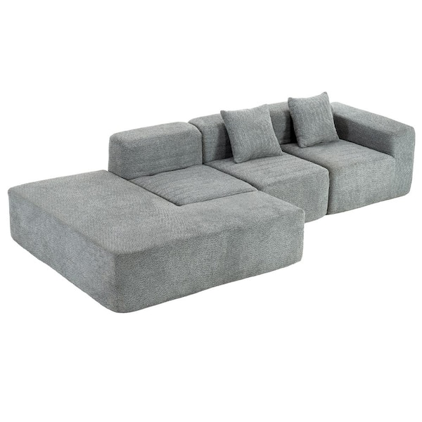 Qualler 116.5 in. Straight Arm 4-Piece Boucle Fabric Sectional Sofa in Gray with 2 Pillows