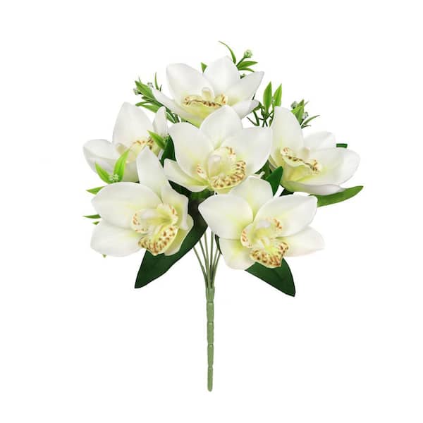 13 in. Cream Artificial Cymbidium Orchid Flower Stem Bush Bouquet (Set of 4)