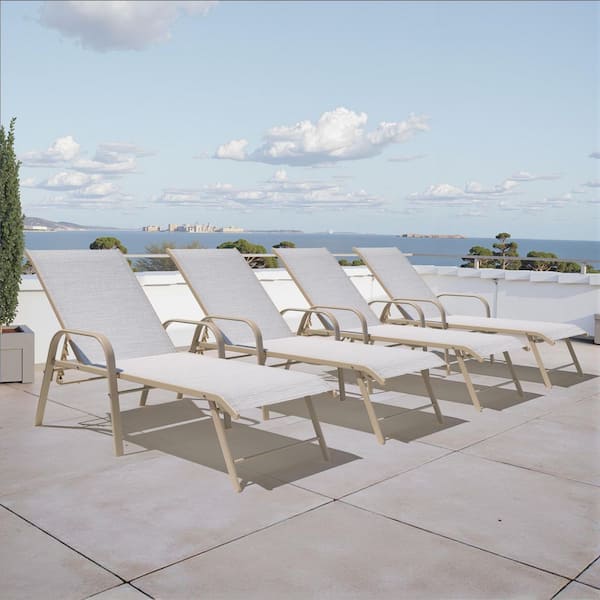 4-Piece Aluminum Adjustable Outdoor Patio Chaise Lounge with Arms and White and Gray and Blue Textilene Fabric